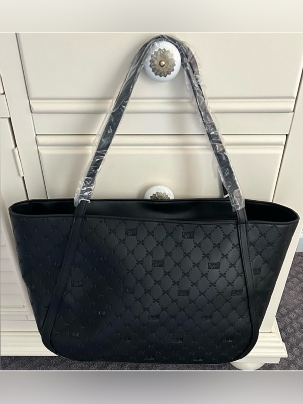 NWT Cavalli Class Sandra Shopper Tote Bag Black Deboss with Gold Hardware - Picture 2 of 13